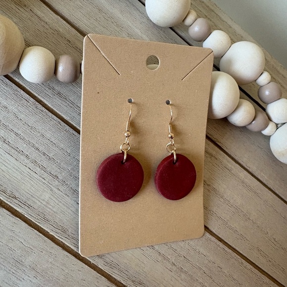 Handmade Burgundy Circle Earrings | Minimalist Boho Dangle Jewelry - Picture 3 of 5